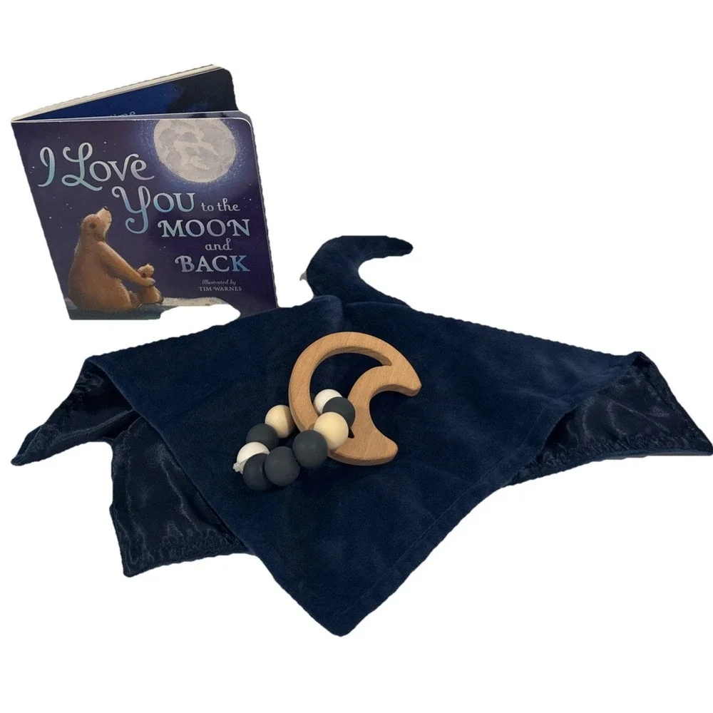 Unisex Baby Shower Box, I Love You to the Moon & Back book, Moon Lovey & Teether